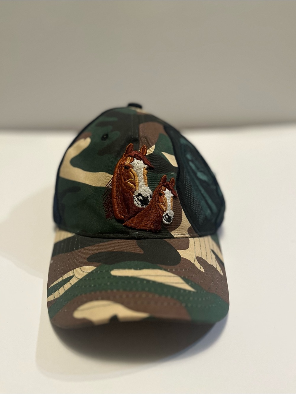 Hi Cap Camo Baseball Cap with Horse Embroidery - Green/Brown